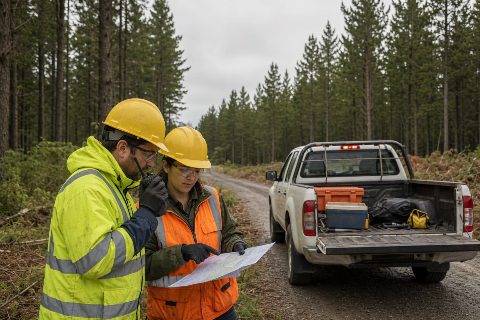 Cuadrilla forestal coordina su recorrido por radio junto a un vehículo en un camino de bosque.
