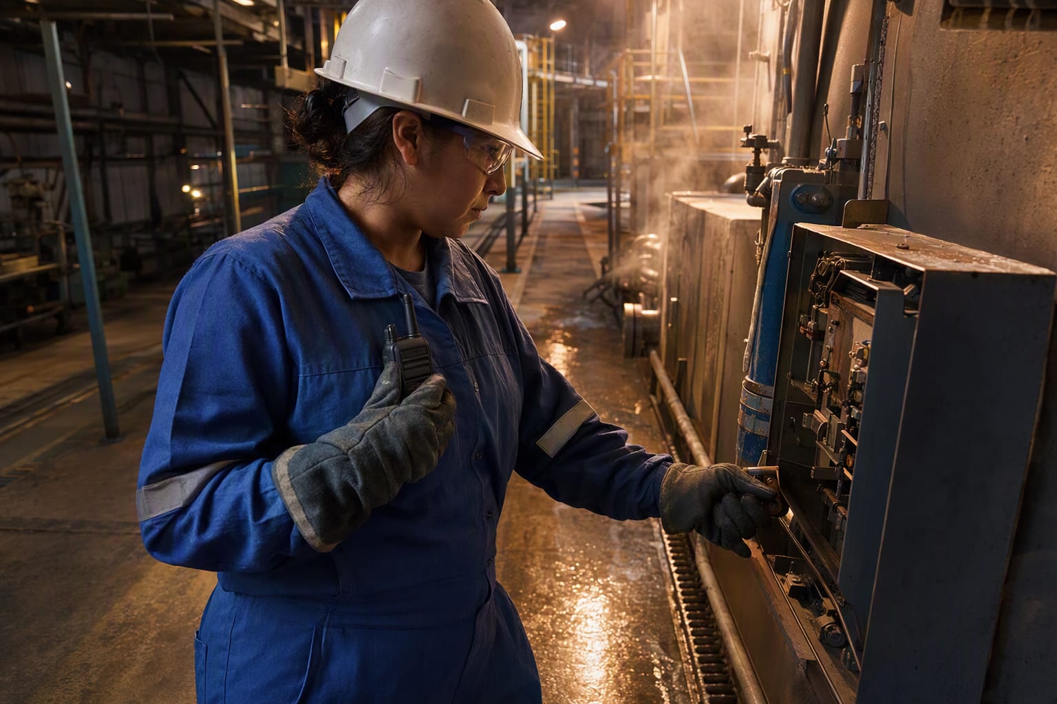 Equipo de mantenimiento se coordina junto a maquinaria industrial y vapor.