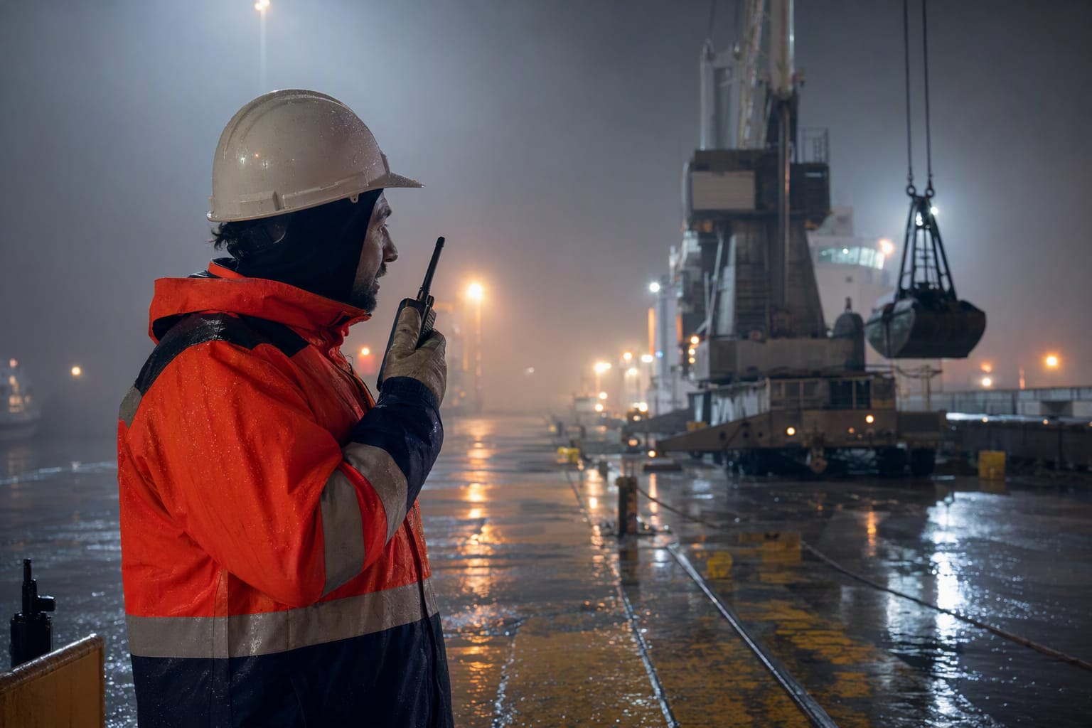Equipo coordina una operación nocturna con niebla en una plataforma o muelle húmedo.