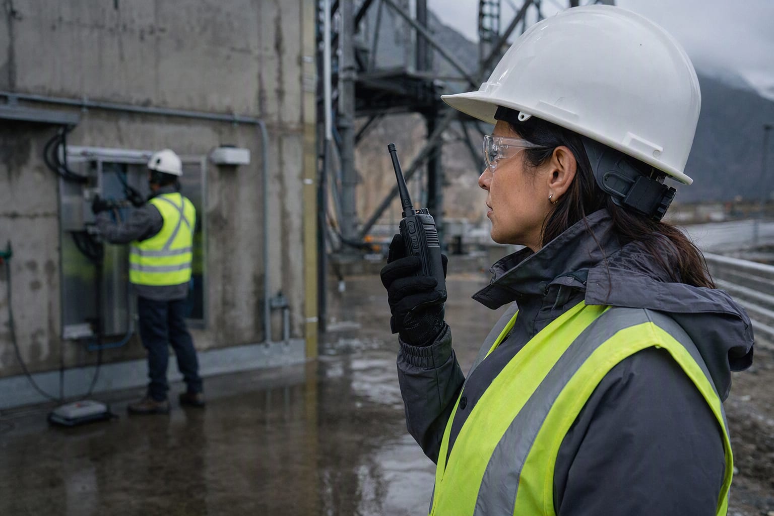 Equipo técnico evalúa infraestructura y condiciones de terreno para un proyecto de comunicación.