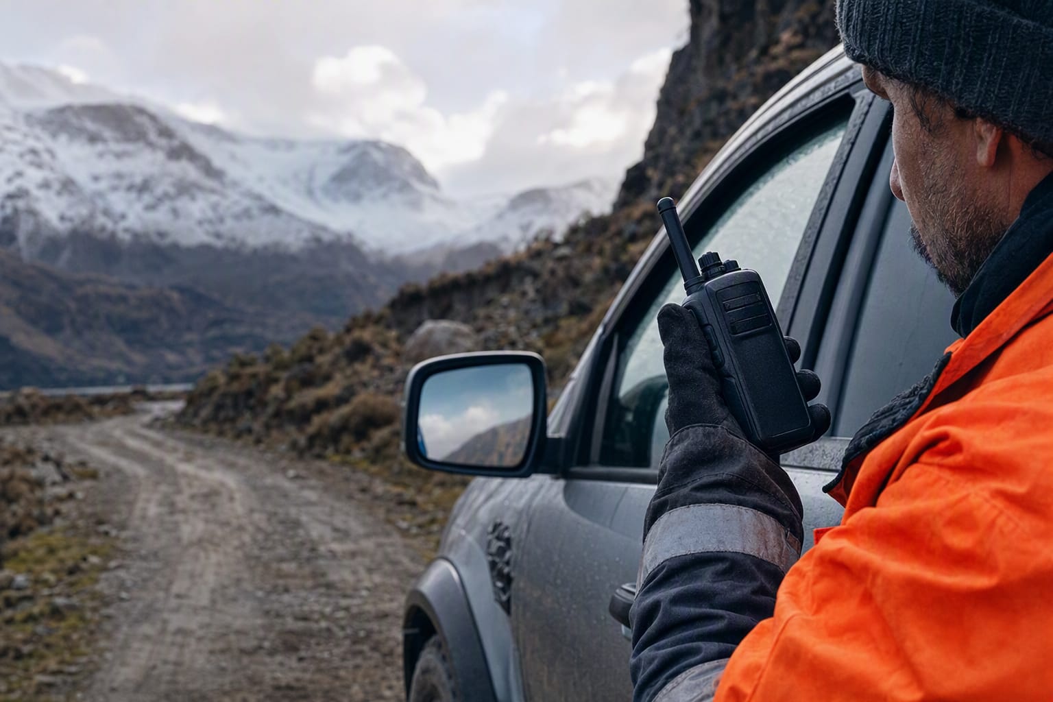 Trabajadores se coordinan a distancia junto a vehículos en una ruta austral chilena.