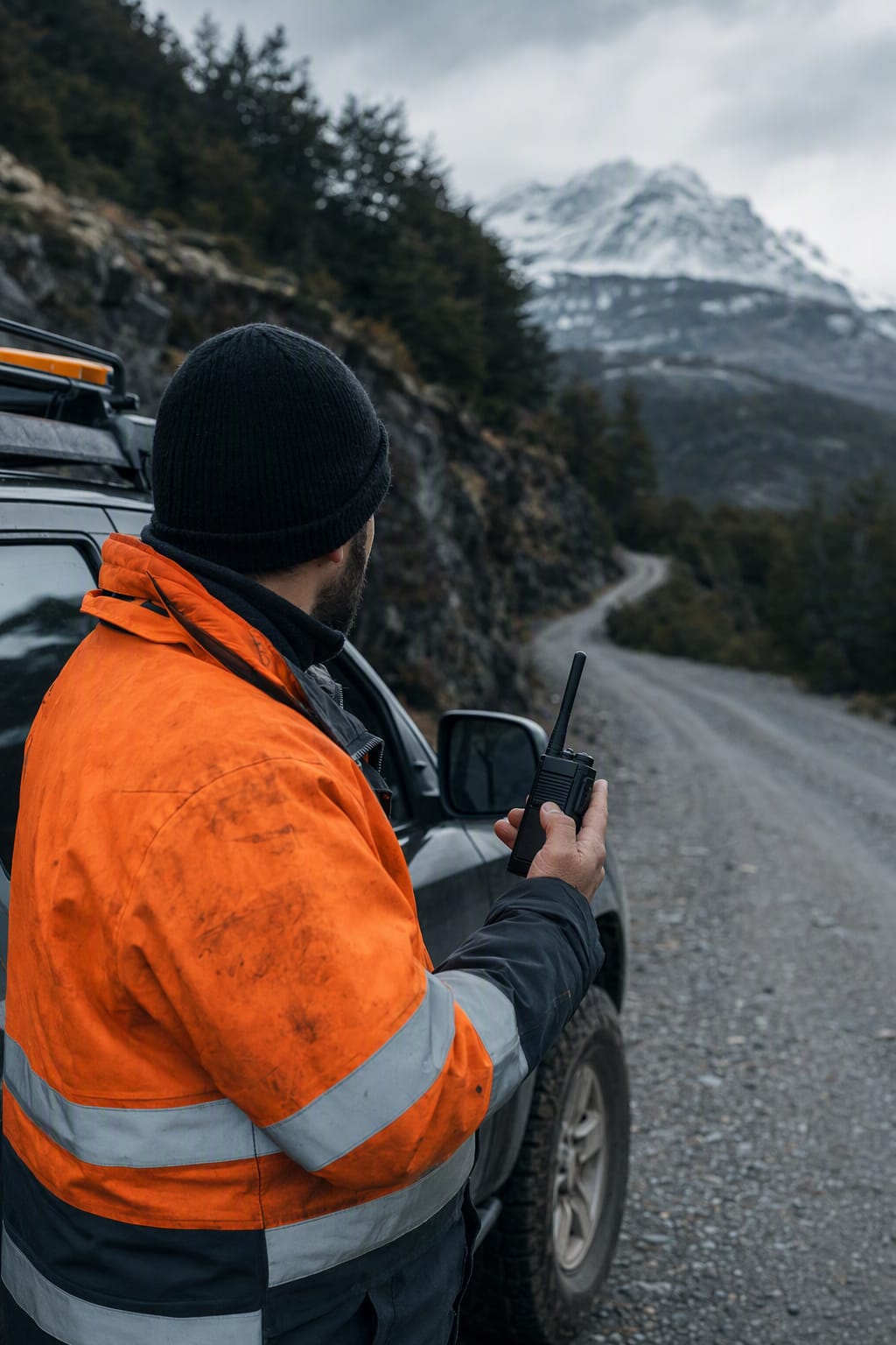 Trabajadores se coordinan a distancia junto a vehículos en una ruta austral chilena.
